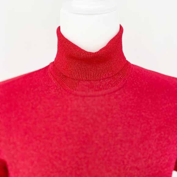 Metallic Red Turtleneck Flutter Sleeve Belted Top - Picture 3 of 8